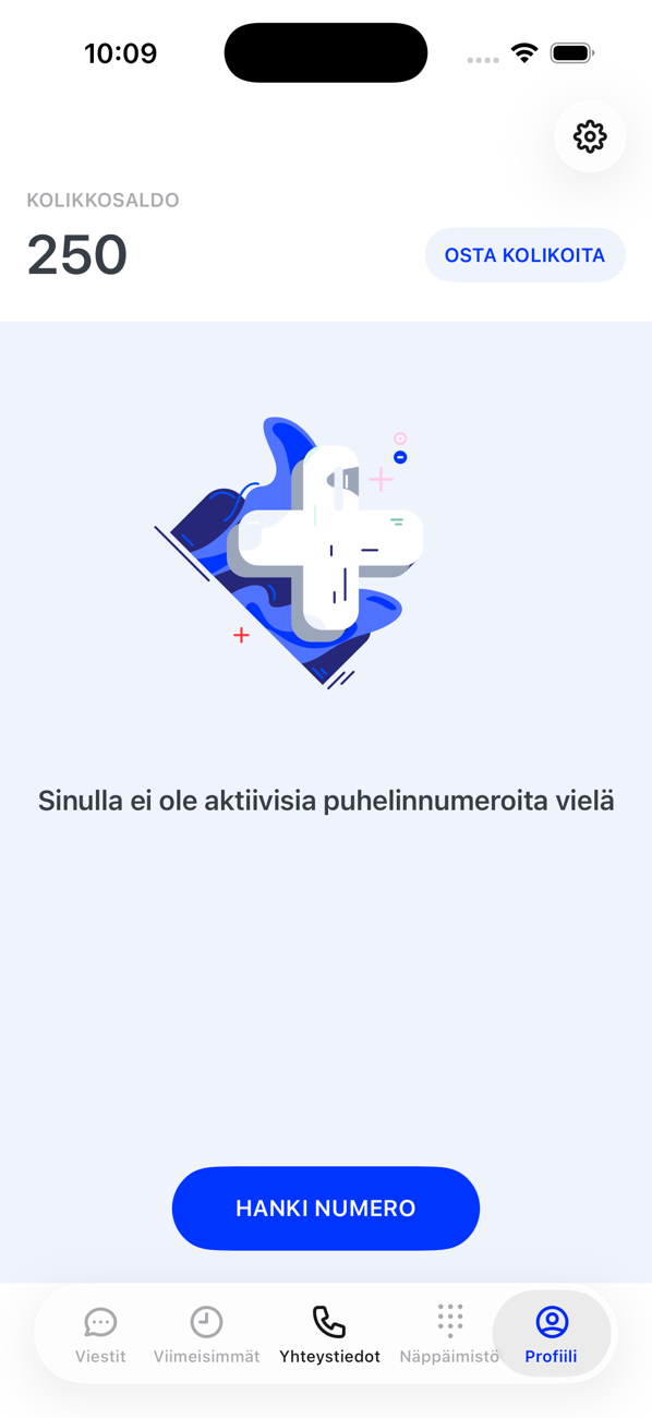 Profiili-näyttö ilman numeroita: kolikkosaldo, teksti Sinulla ei ole vielä aktiivisia puhelinnumeroita ja HANKI NUMERO -painike; muut välilehdet ovat harmaina