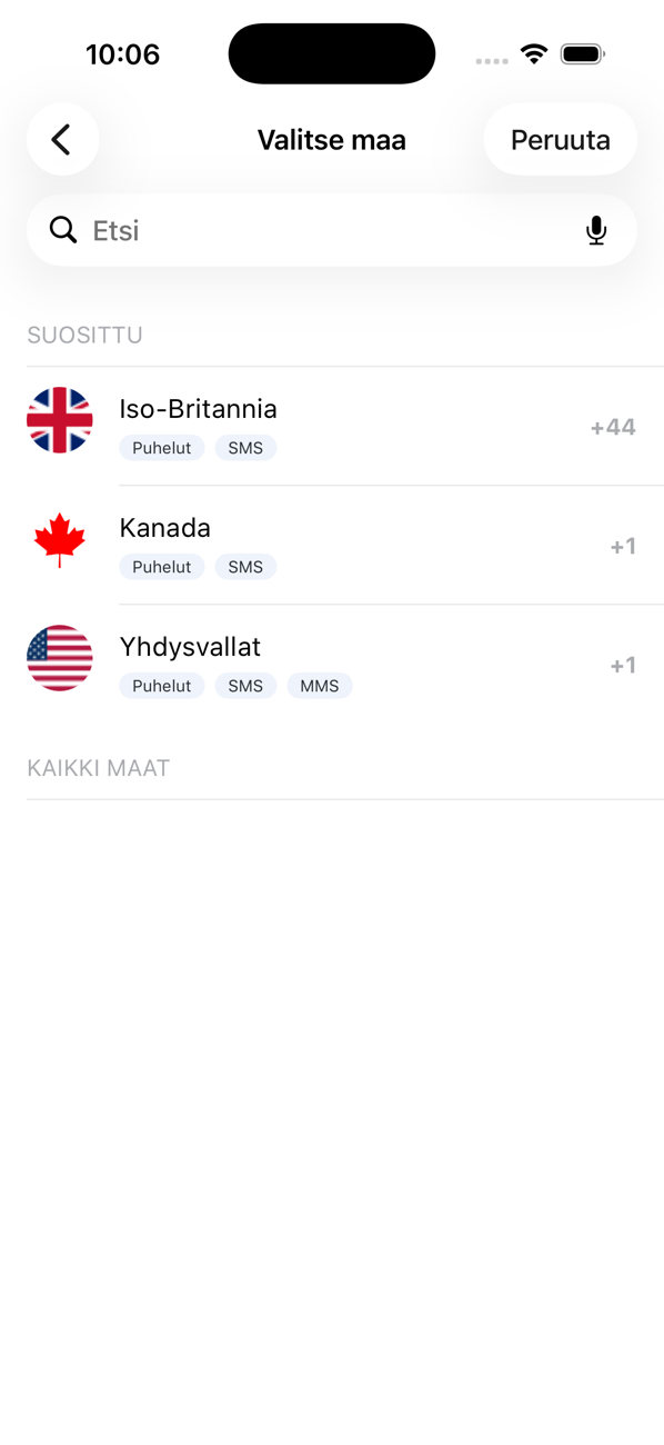 Valitse maa -näyttö numeroa lisättäessä, suosittuja maita ja hakukenttä