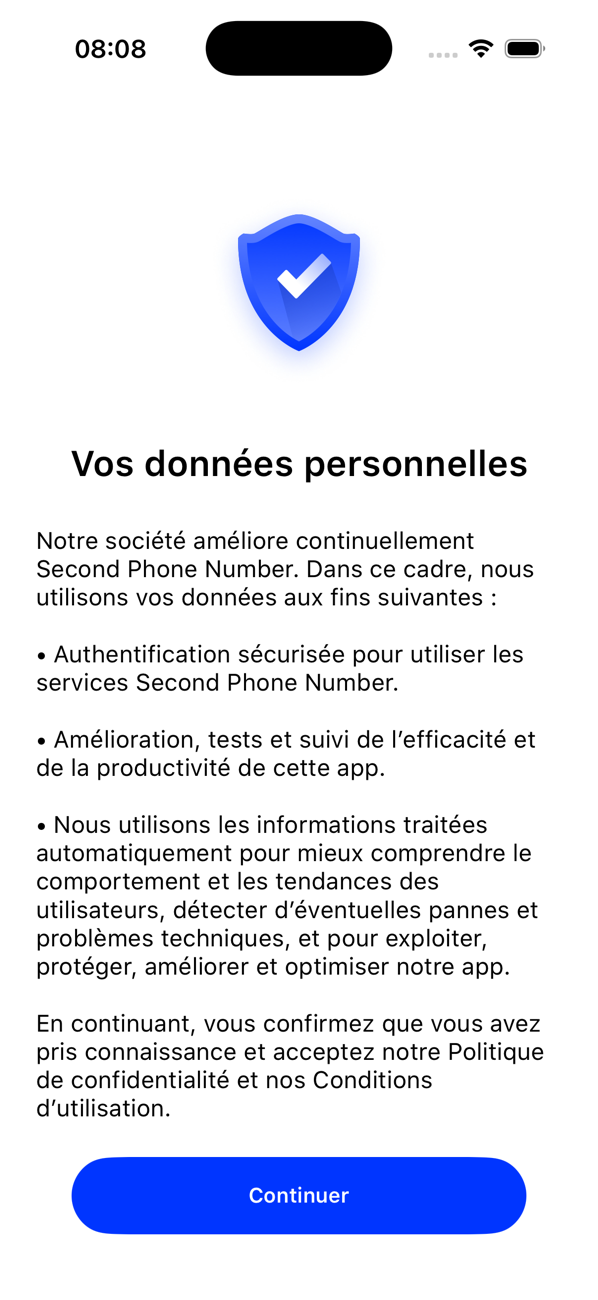 Écran Vos données personnelles expliquant comment l'appli utilise vos données, avec un bouton CONTINUER