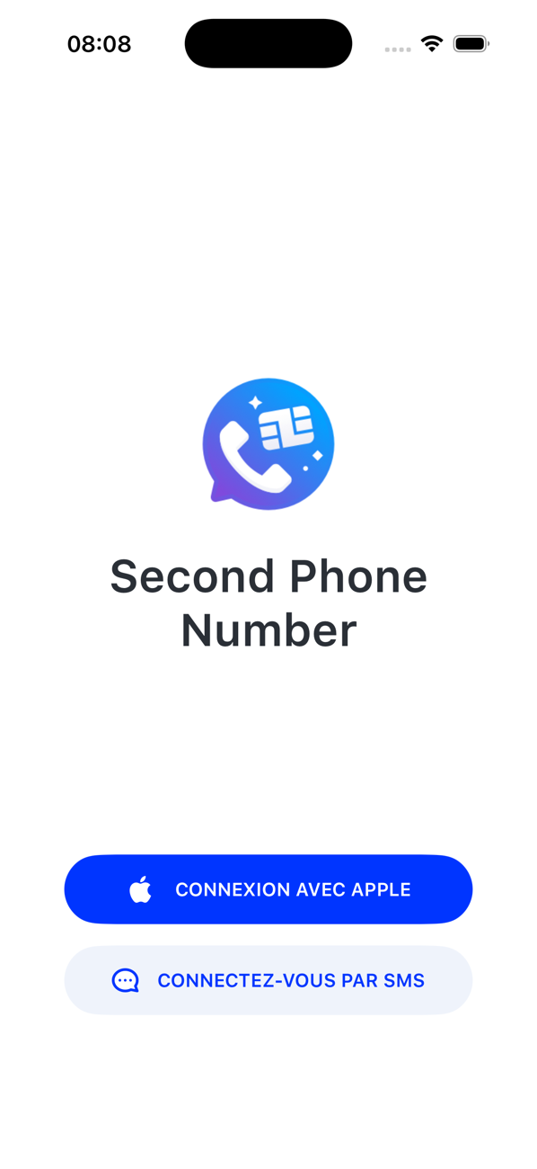 Écran de connexion avec les boutons SE CONNECTER AVEC APPLE et SE CONNECTER PAR SMS