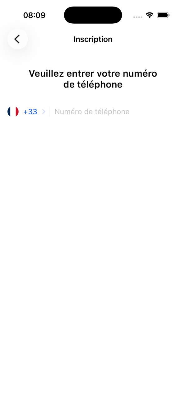 Écran d'inscription demandant votre numéro de téléphone, avec l'indicatif du pays sélectionné