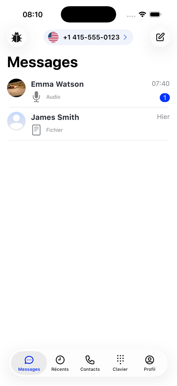 Liste Messages montrant des conversations avec Emma Watson et James Smith, dont une non lue