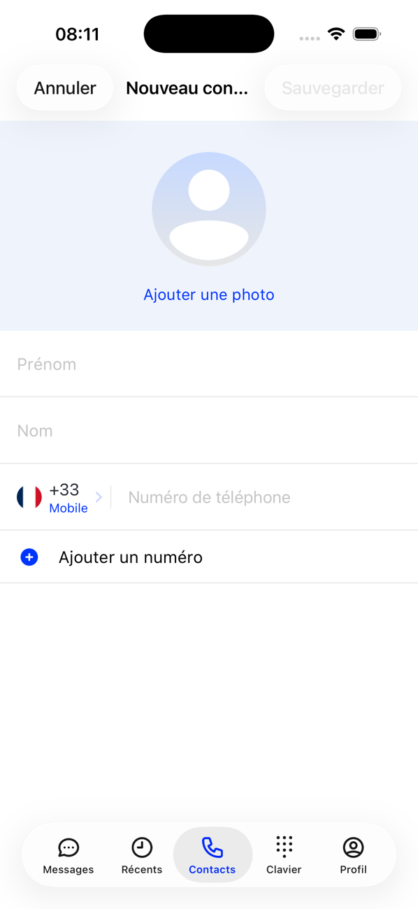 Formulaire Nouveau contact avec Ajouter une photo, Prénom, Nom et un champ de numéro de téléphone