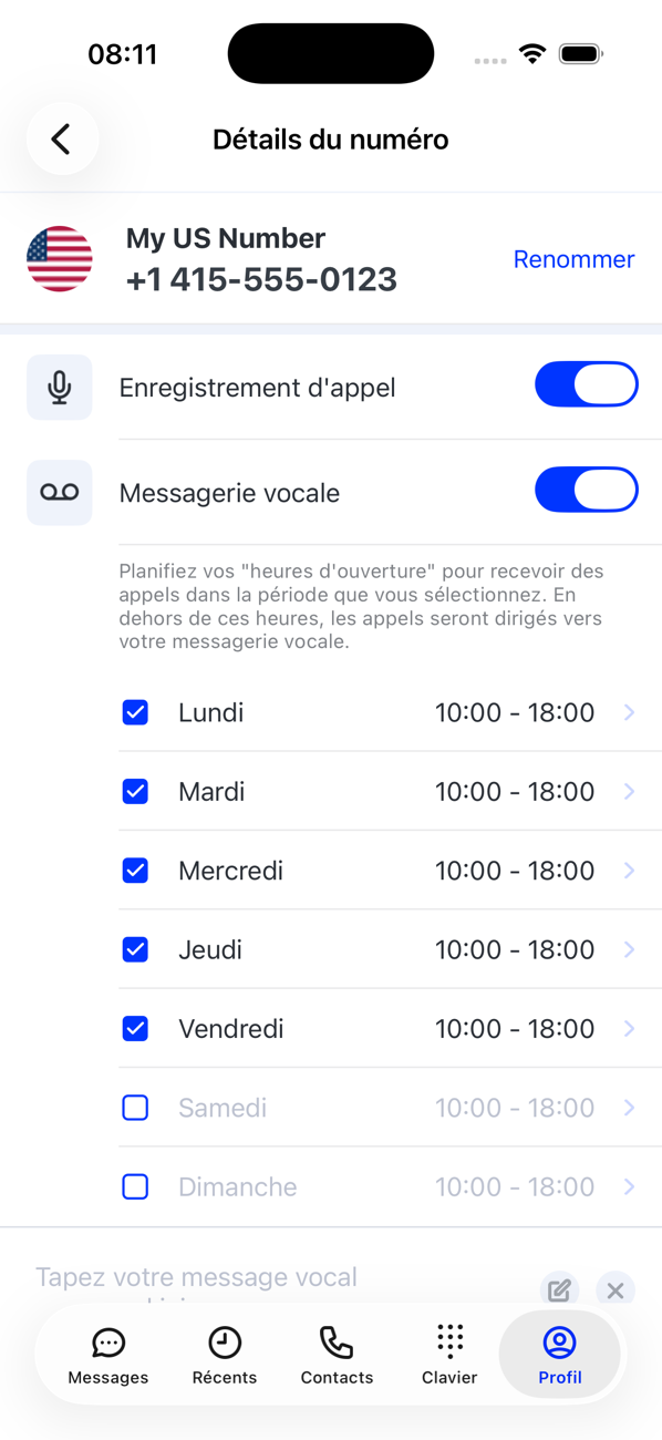 Écran Détails du numéro pour le numéro principal avec les interrupteurs Enregistrement d'appel et Messagerie vocale et les horaires d'ouverture par jour