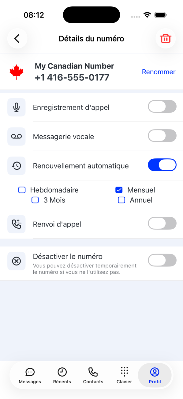 Détails du numéro pour un numéro supplémentaire avec Renommer, Enregistrement d'appel, Messagerie vocale, les options de Renouvellement automatique et Réactiver le numéro
