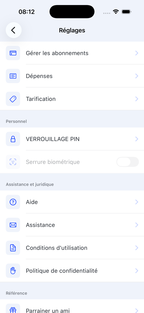 Écran Réglages listant Gérer les abonnements, Dépenses, Tarification, VERROUILLAGE PIN, Serrure biométrique, Aide, Assistance, Conditions d'utilisation, Politique de confidentialité et Parrainer un ami