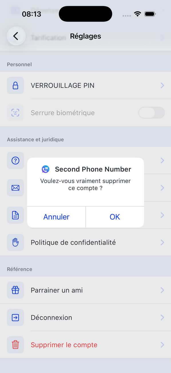 Écran Réglages avec la confirmation Supprimer le compte : Voulez-vous vraiment supprimer ce compte ? Annuler ou OK