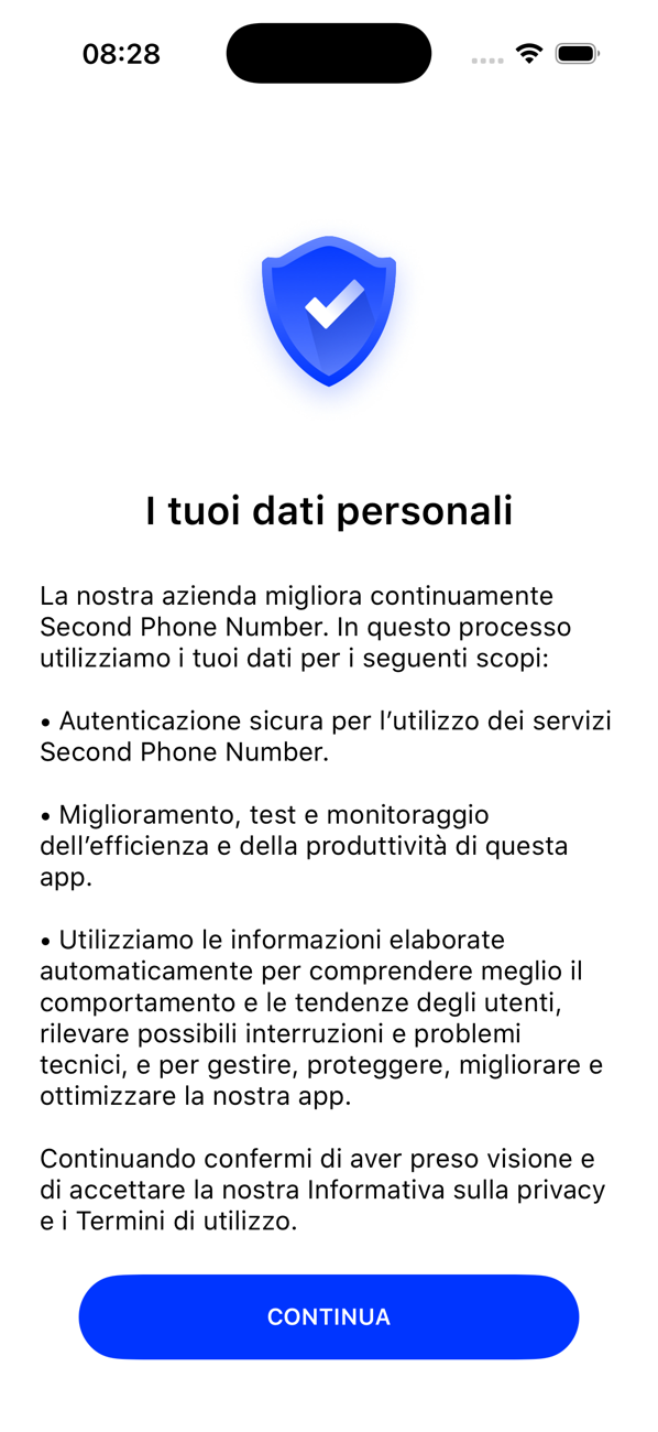Schermata I tuoi dati personali che spiega come l'app usa i tuoi dati, con un pulsante CONTINUA