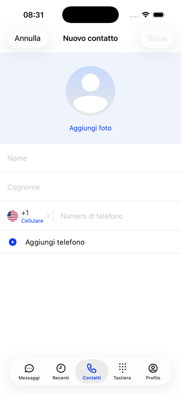 Modulo Nuovo contatto con Aggiungi foto, Nome, Cognome e un campo per il numero di telefono
