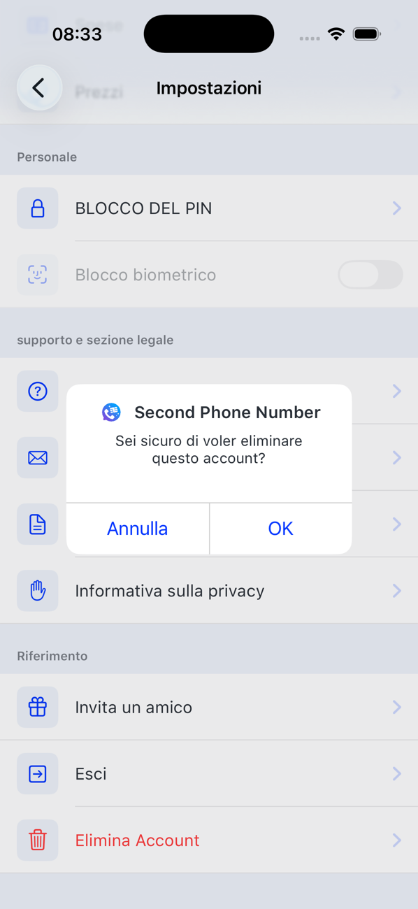 Schermata Impostazioni con la conferma Elimina Account: Vuoi davvero eliminare questo account? Annulla o OK