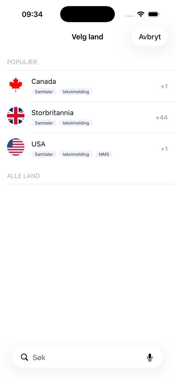 Skjermen Velg land med populære land og hva de støtter: Samtaler, SMS og MMS