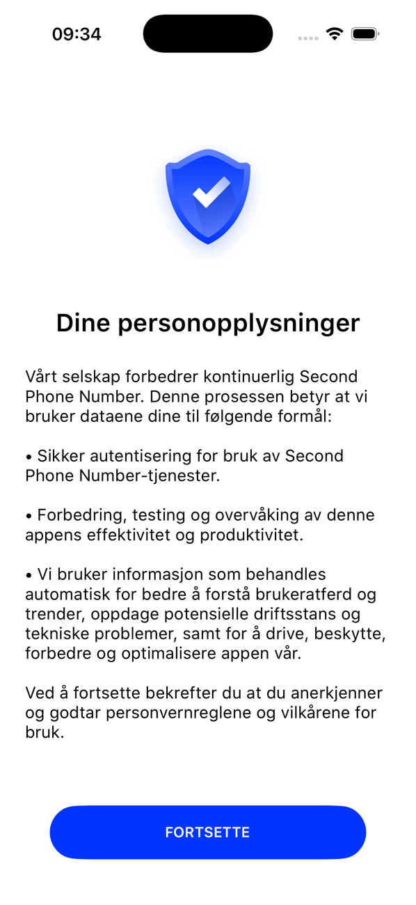 Skjermen Dine personopplysninger, som forklarer hvordan appen bruker dataene dine, med en FORTSETT-knapp