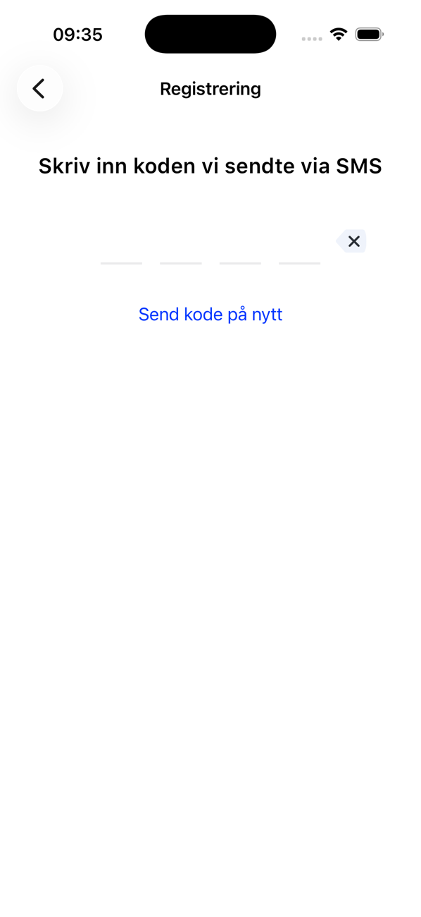 Registreringsskjerm som spør etter koden sendt på SMS, med lenken Send koden igjen