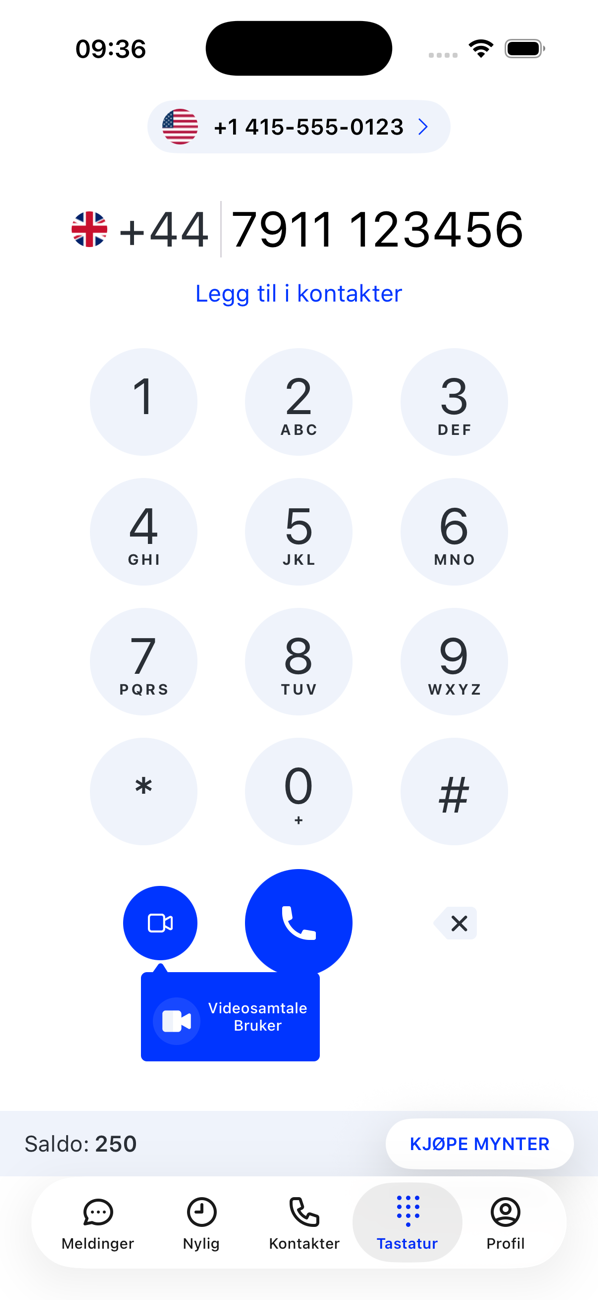 Tastatur med et britisk nummer slått, lenken Legg til i kontakter og den blå ringeknappen