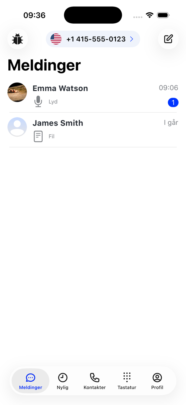 Meldingslisten med chatter med Emma Watson og James Smith, én ulest