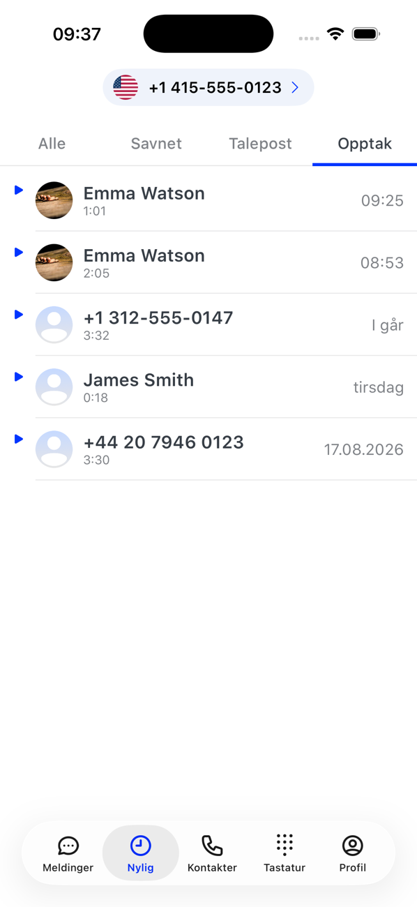 Opptak-fanen i Nylig med samtaleopptak, med varighet og dato