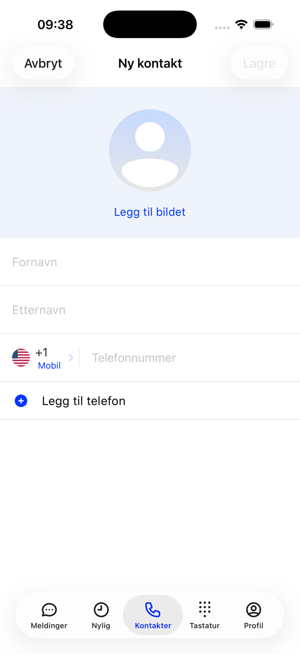 Skjemaet Ny kontakt med Legg til bilde, Fornavn, Etternavn og et felt for telefonnummer