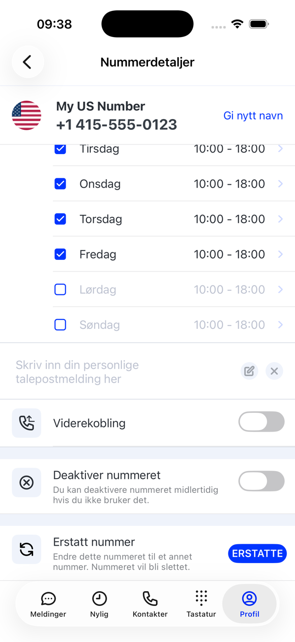 Nedre halvdel av Nummerdetaljer: åpningstider, feltet for personlig talepostmelding, Viderekobling, Deaktiver nummer og Erstatt nummer