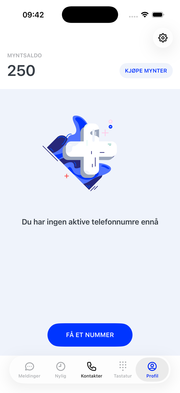 Profil-skjermen uten numre enda: myntsaldoen, Du har ingen aktive telefonnumre enda, og en FÅ ET NUMMER-knapp; de andre fanene er nedtonet