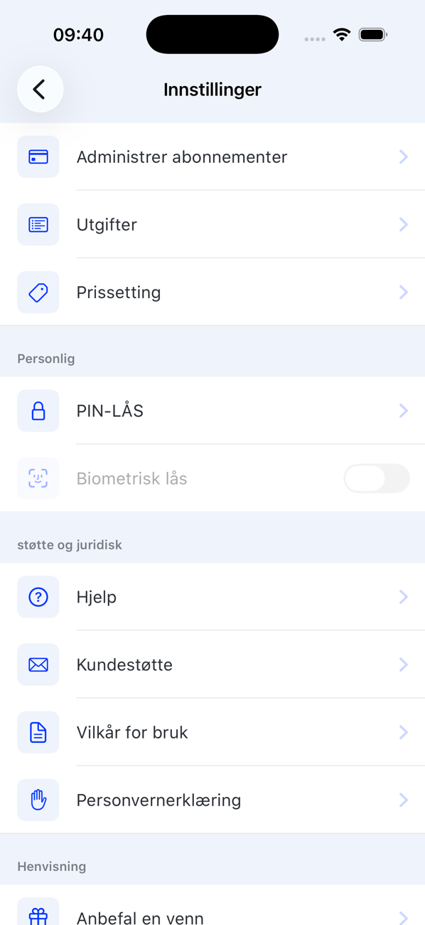 Innstillinger-skjermen med Administrer abonnementer, Utgifter, Prissetting, PIN-LÅS, Biometrisk lås, Hjelp, Kundestøtte, Vilkår for bruk, Personvernerklæring og Anbefal en venn