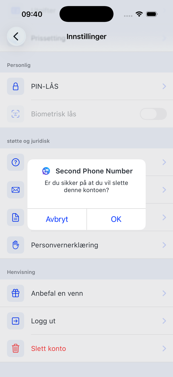 Innstillinger-skjermen med bekreftelsen for Slett konto: Er du sikker på at du vil slette denne kontoen? Avbryt eller OK