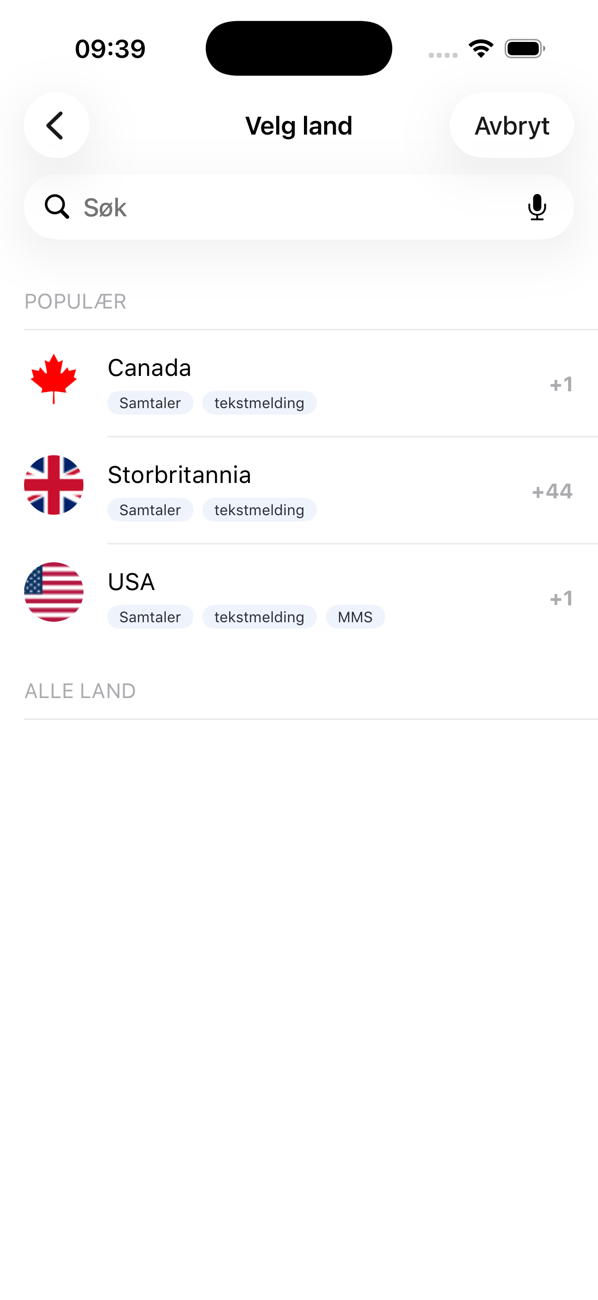 Skjermen Velg land når du legger til et nummer, med populære land og et søkefelt