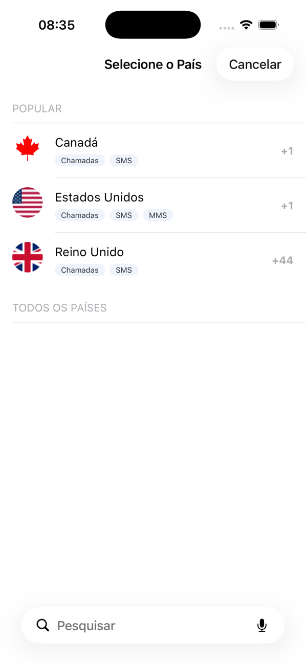 Tela Selecionar país listando os países populares com suas capacidades de Ligações, SMS e MMS