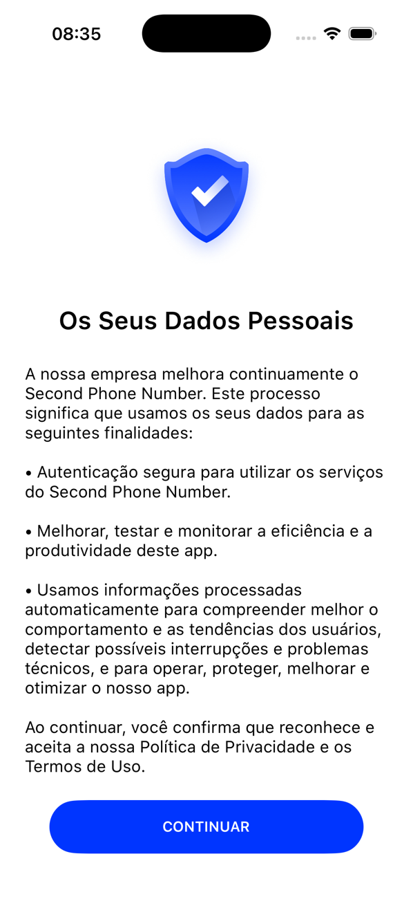 Tela Seus dados pessoais explicando como o app usa seus dados, com um botão CONTINUAR