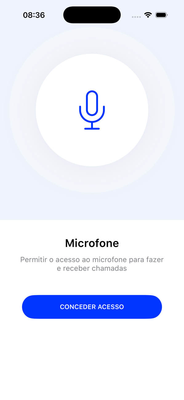 Tela de permissão do microfone com um botão CONCEDER ACESSO