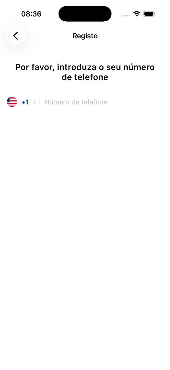 Tela de cadastro pedindo seu número de telefone, com o código do país selecionado