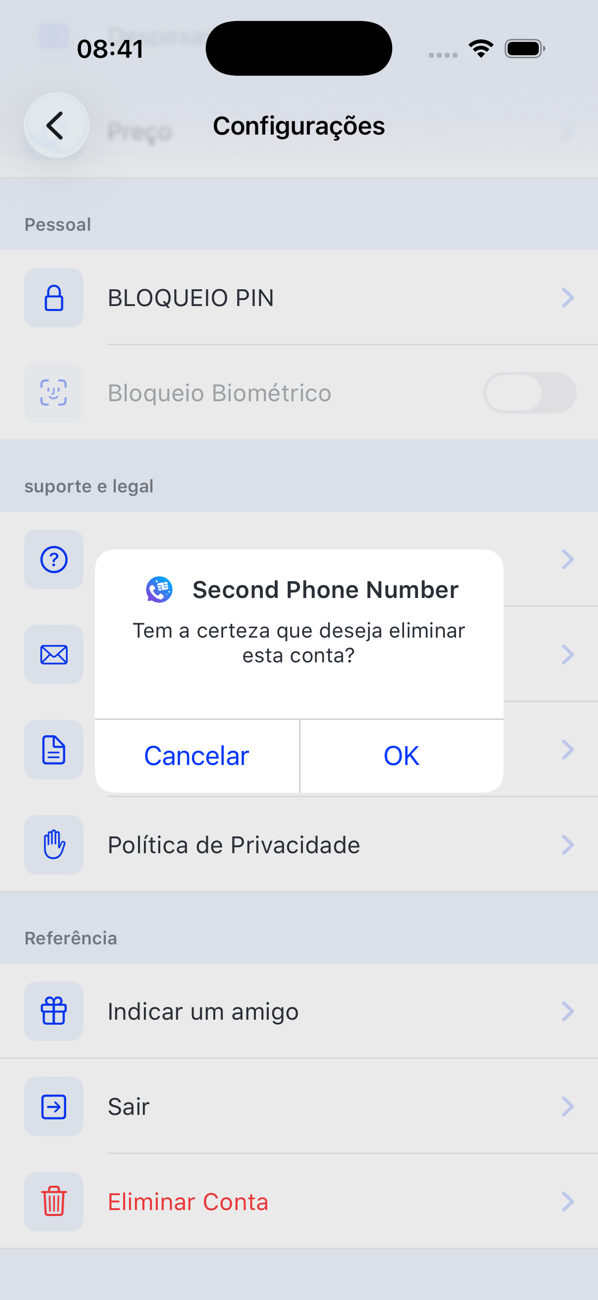 Tela Configurações com a confirmação de Eliminar Conta: Tem certeza de que quer excluir esta conta? Cancelar ou OK