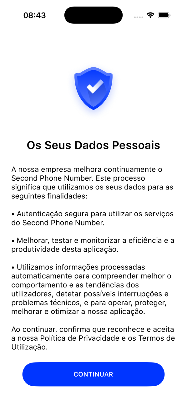 Ecrã Os seus dados pessoais, que explica como a app usa os seus dados, com um botão CONTINUAR