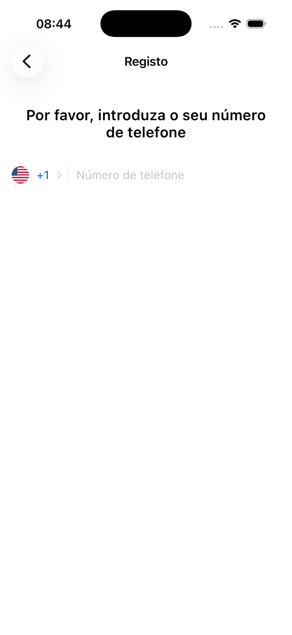 Ecrã de registo a pedir o seu número de telefone, com o indicativo do país selecionado