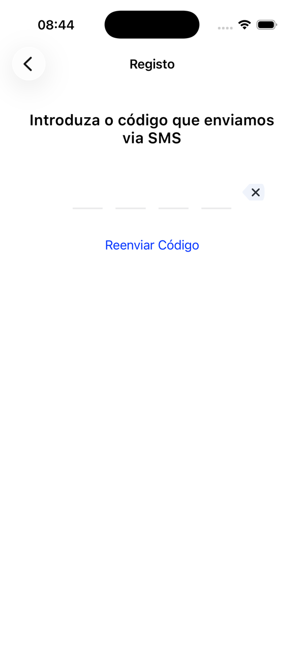 Ecrã de registo a pedir o código enviado por SMS, com uma ligação Reenviar código
