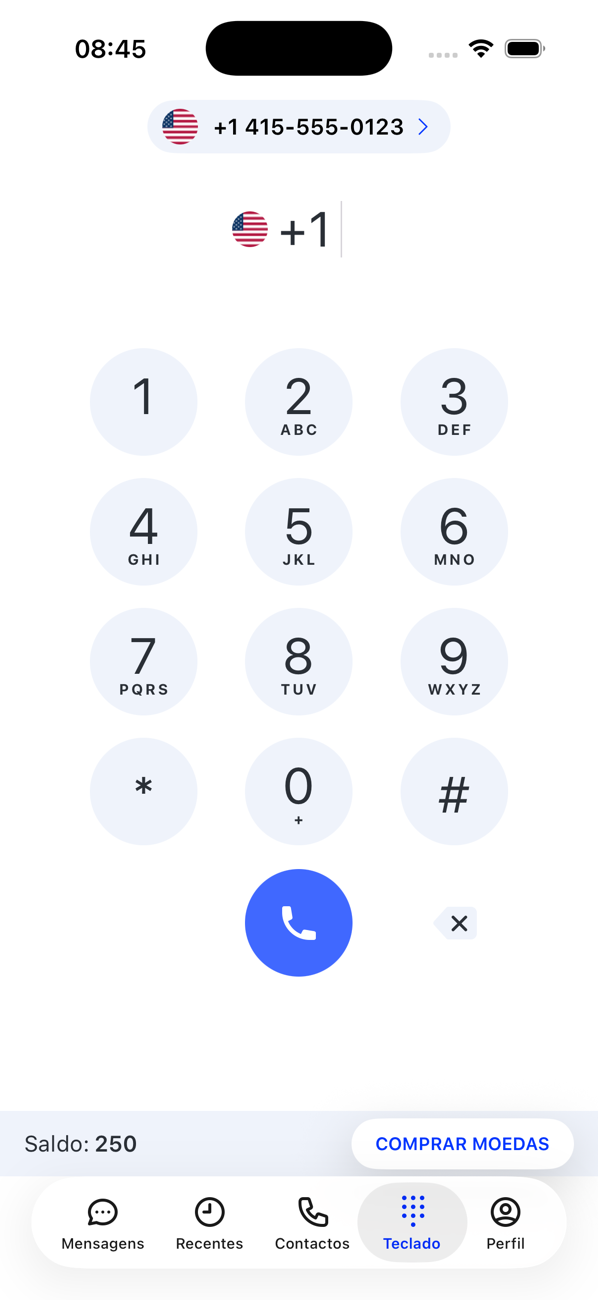 Ecrã Teclado, com o seletor de números no topo, a bandeira do país, o teclado de marcação e o saldo de moedas