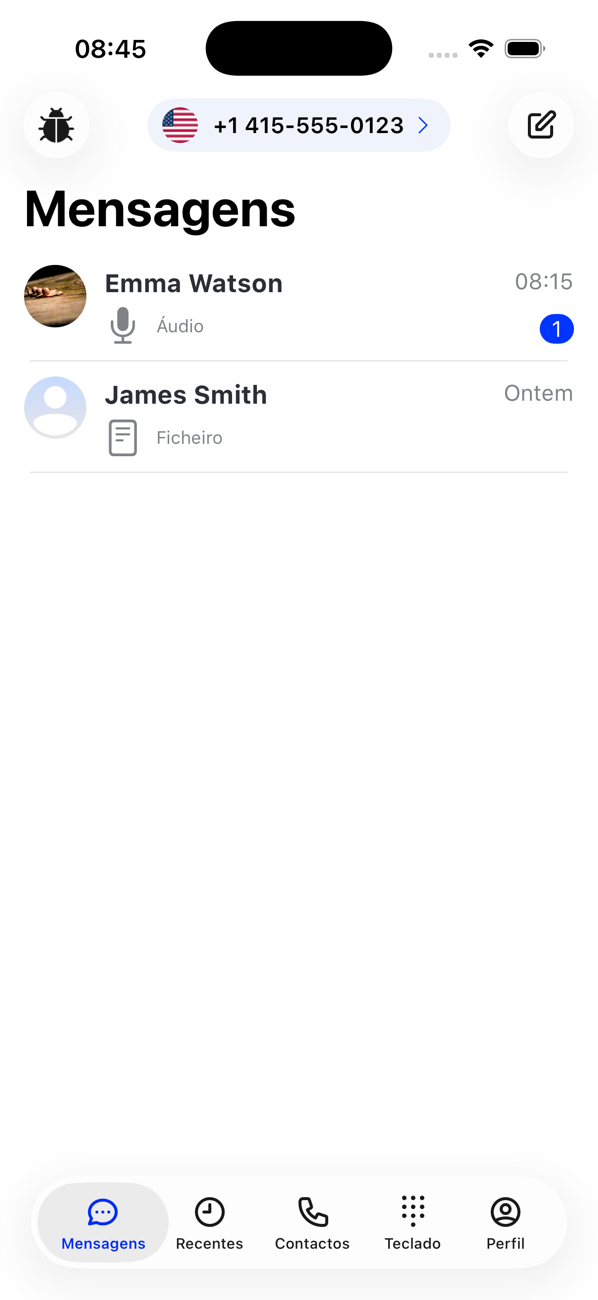 Lista de Mensagens com conversas com Emma Watson e James Smith, uma delas por ler