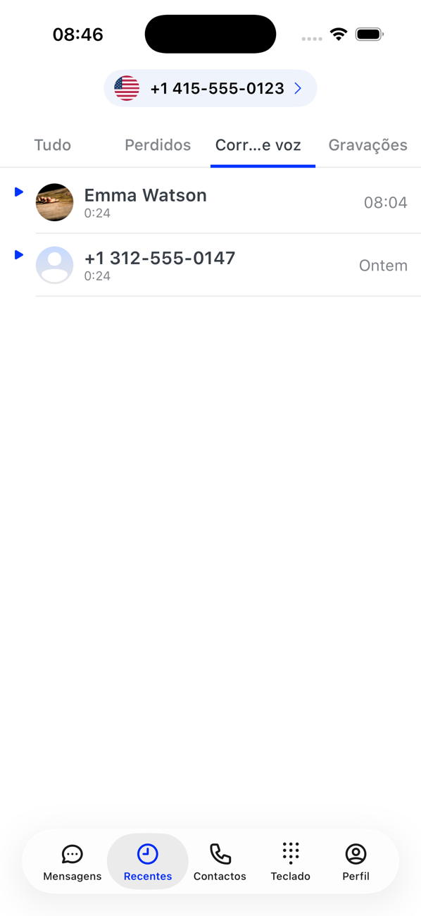 Separador Correio de voz dos Recentes, com dois correios de voz e as respetivas durações