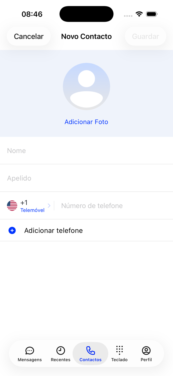 Formulário Novo contacto com Adicionar fotografia, Nome, Apelido e um campo de número de telefone