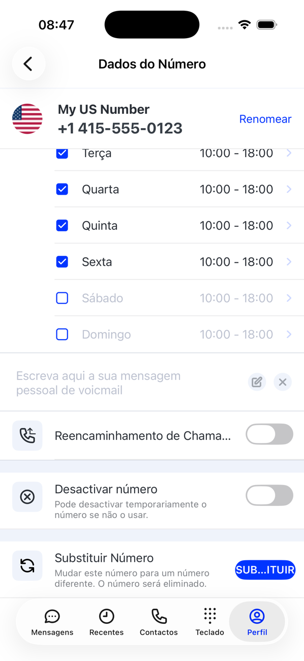 Metade inferior de Detalhes do número: horário de funcionamento, a caixa da mensagem pessoal de correio de voz, Reencaminhamento de chamadas, Desativar número e Substituir número