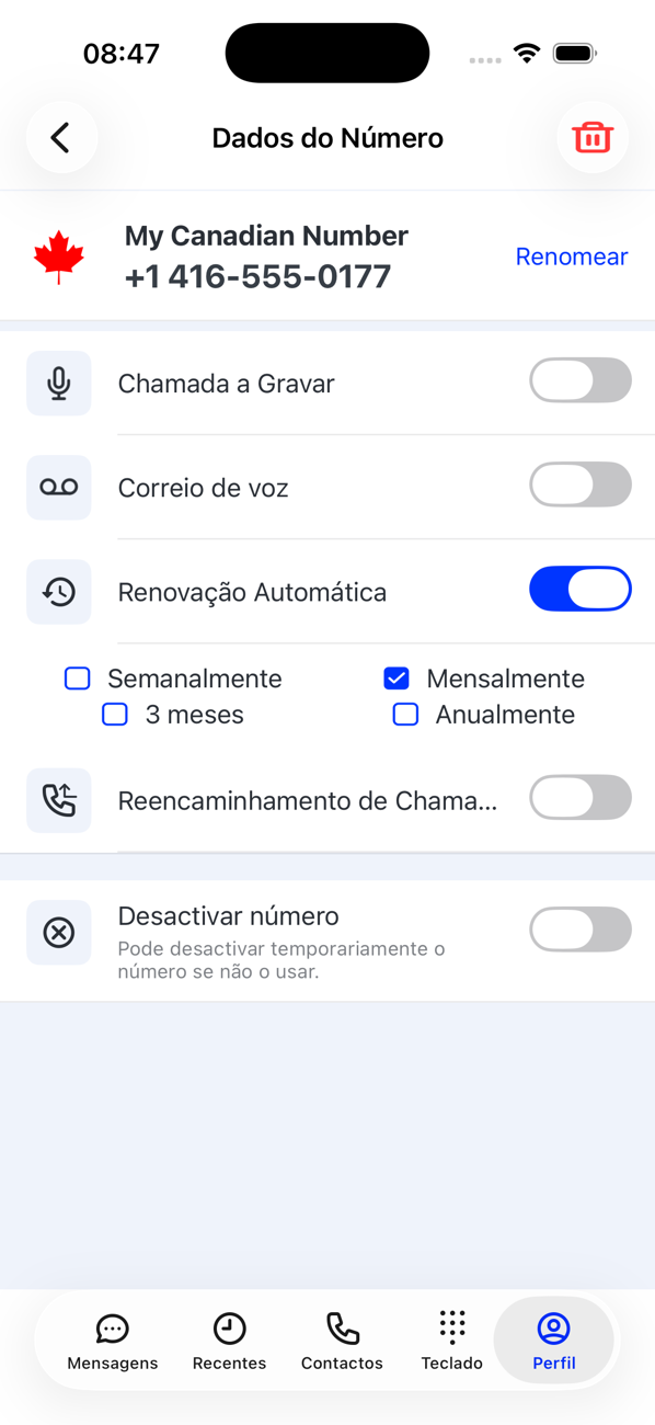 Detalhes do número de um número adicional, com as opções Renomear, Gravação de chamadas, Correio de voz, Renovação Automática e Reativar número
