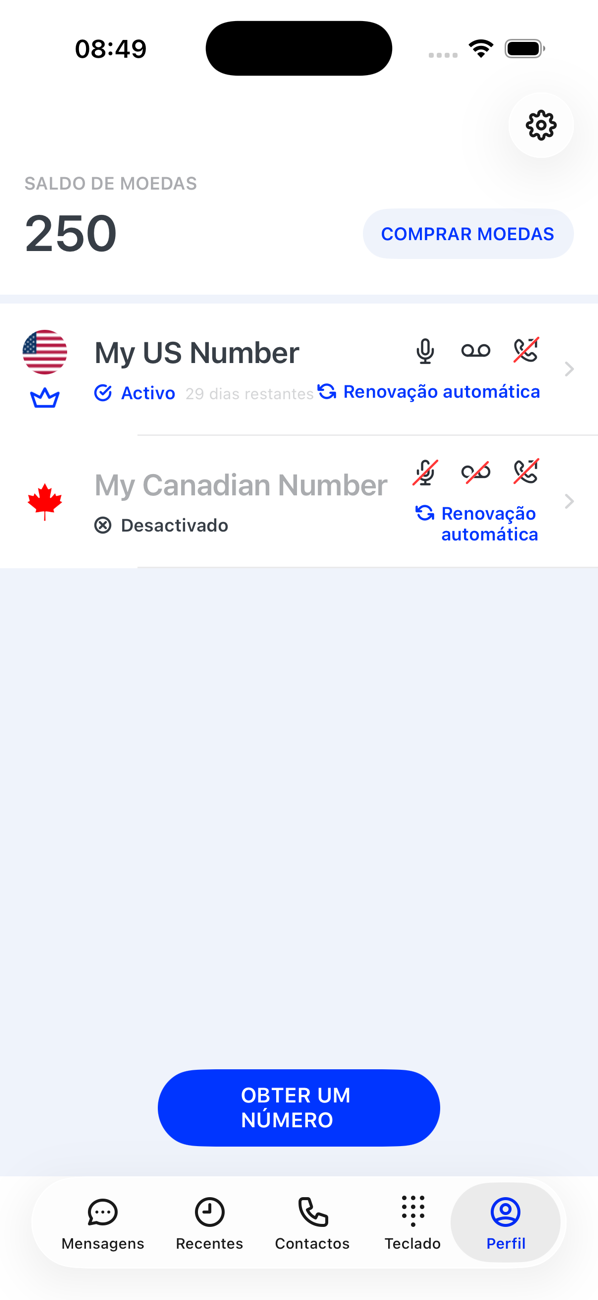 Ecrã Perfil com um número ativo e um número desativado