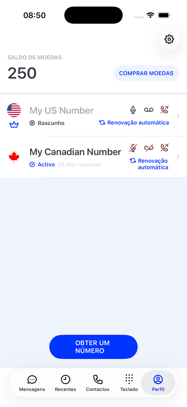 Ecrã Perfil com o número principal marcado como Rascunho, à espera da morada