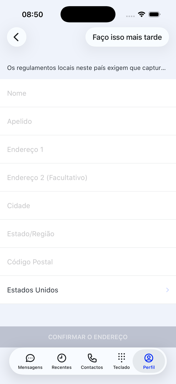 Ecrã Morada obrigatória, com os campos Nome, Apelido, Morada, Cidade, Estado/Região, Código postal e País, um botão Faço mais tarde e CONFIRMAR MORADA