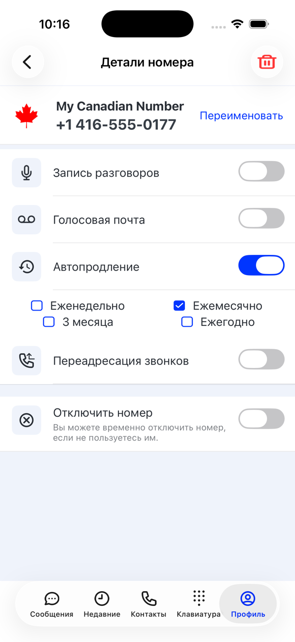 Экран «Сведения о номере» для дополнительного номера с пунктами «Переименовать», «Запись разговоров», «Голосовая почта», «Автопродление» и «Включить номер снова»