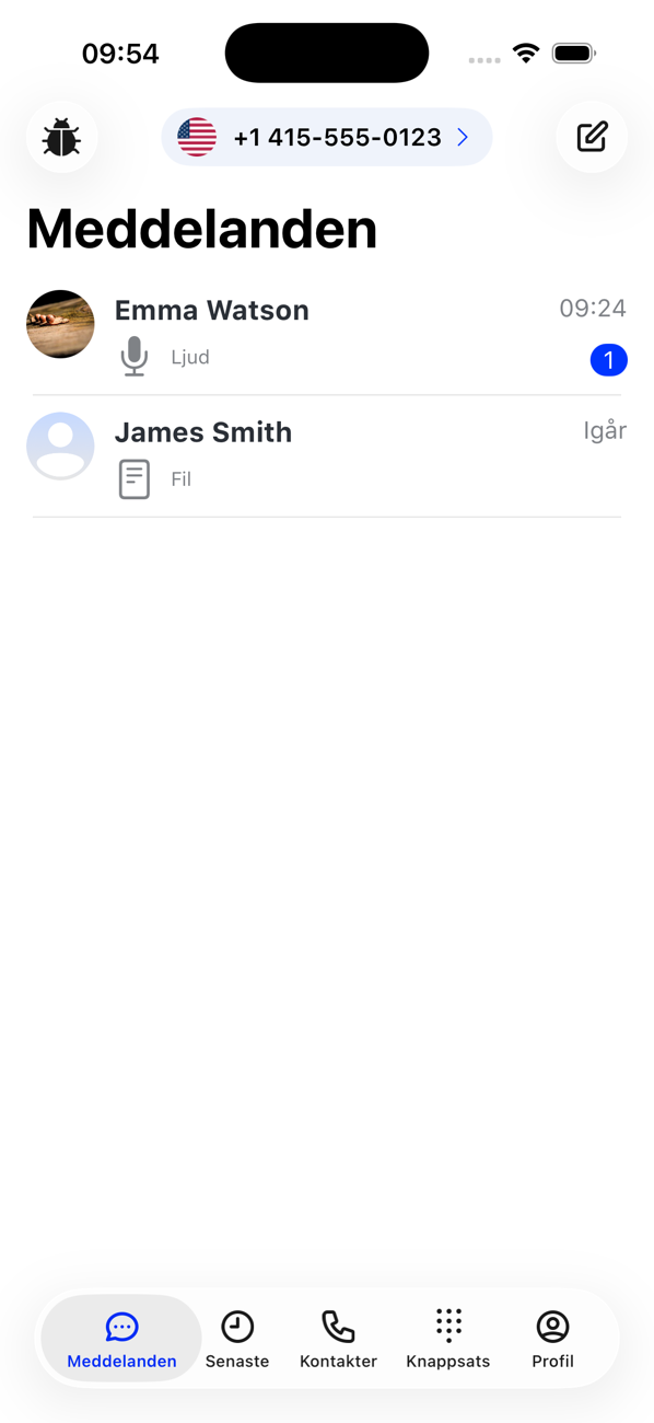 Meddelandelistan med konversationer med Emma Watson och James Smith, en oläst