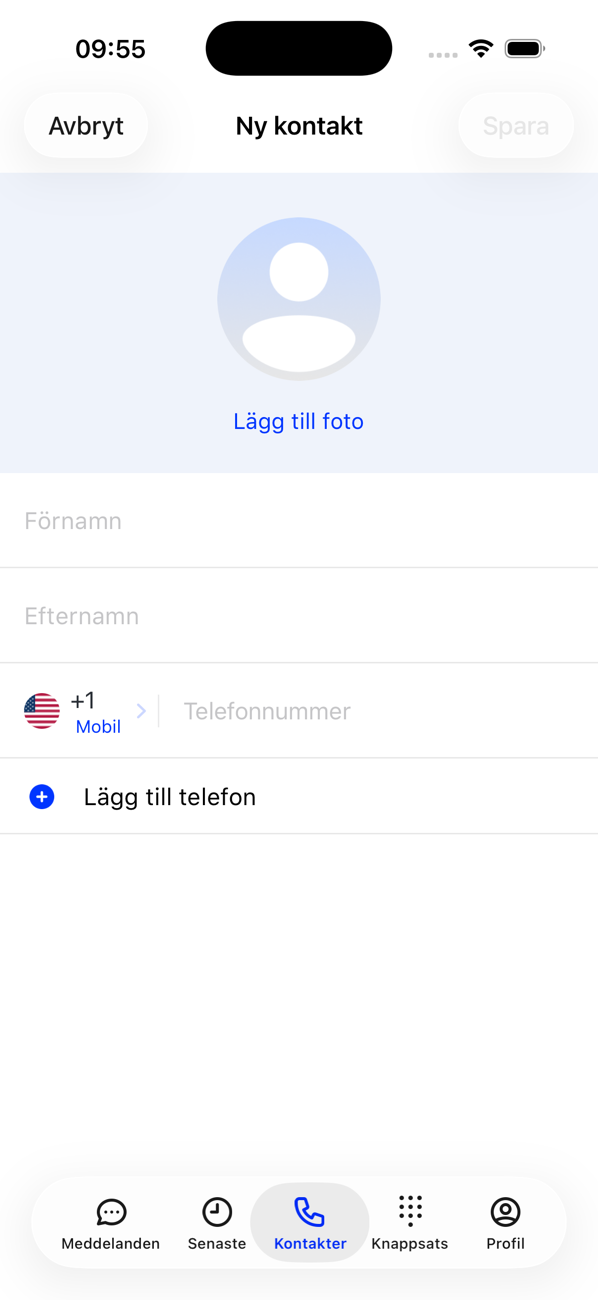 Formuläret Ny kontakt med Lägg till foto, Förnamn, Efternamn och ett telefonnummerfält