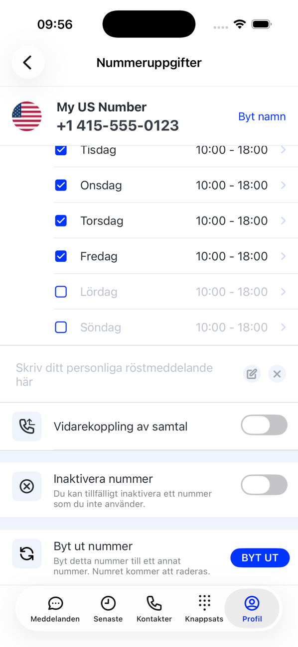 Nedre delen av Nummerinformation: öppettider, rutan för det personliga röstbrevlådemeddelandet, Vidarekoppling av samtal, Inaktivera nummer och Ersätt nummer