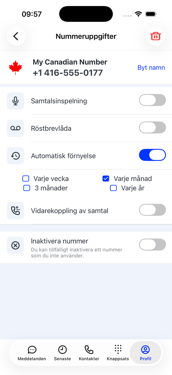 Nummerinformation för ett extra nummer med Byt namn, Samtalsinspelning, Röstbrevlåda, alternativ för Automatisk förnyelse och Återaktivera nummer