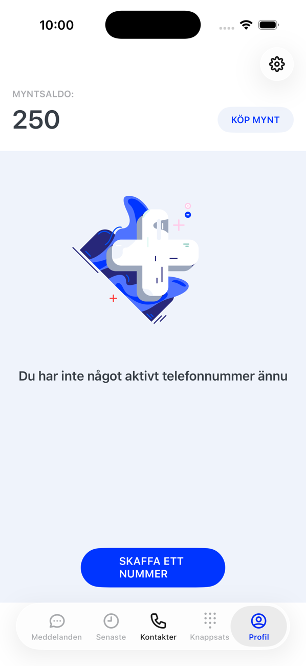 Profilskärmen utan nummer ännu: myntsaldot, texten Du har inga aktiva telefonnummer ännu och knappen SKAFFA ETT NUMMER; de andra flikarna är nedtonade