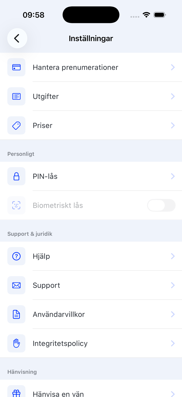 Skärmen Inställningar med Hantera prenumerationer, Utgifter, Priser, PIN-lås, Biometriskt lås, Hjälp, Support, Användarvillkor, Integritetspolicy och Tipsa en vän
